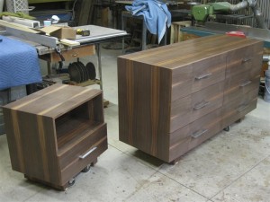 Contemporary walnut dresser and night stand
